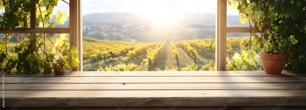 Poster 5. a cozy wooden table in front of an open window, overlooking a tranquil vineyard with gentle sunli