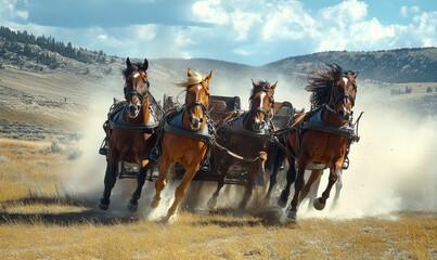 Fototapeta premium Four horses pulling a carriage through dust.