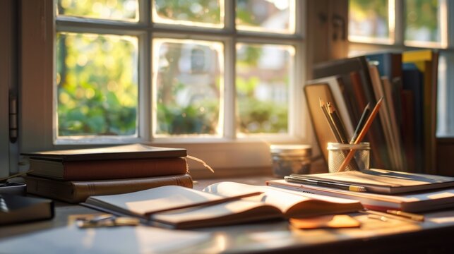 A study desk with a pile of books, great for educational or research settings