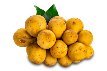 Closeup view bunch of ripe Longkong fruit and green leaf isolated on white background with clipping path.