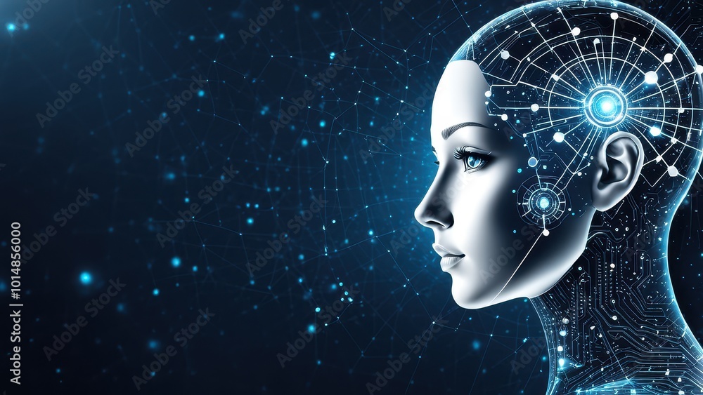 Poster a digital representation of a futuristic ai head with neural connections and glowing elements.
