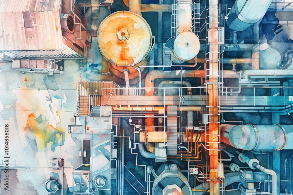 Poster an image of a factory with many pipes and machinery