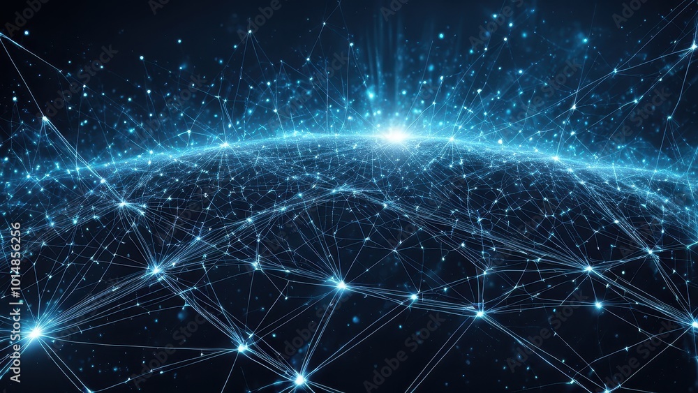Poster a digital representation of interconnected networks over a glowing horizon.