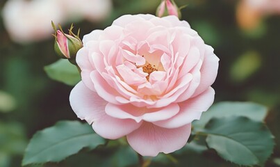 A single pink rose in bloom with buds.