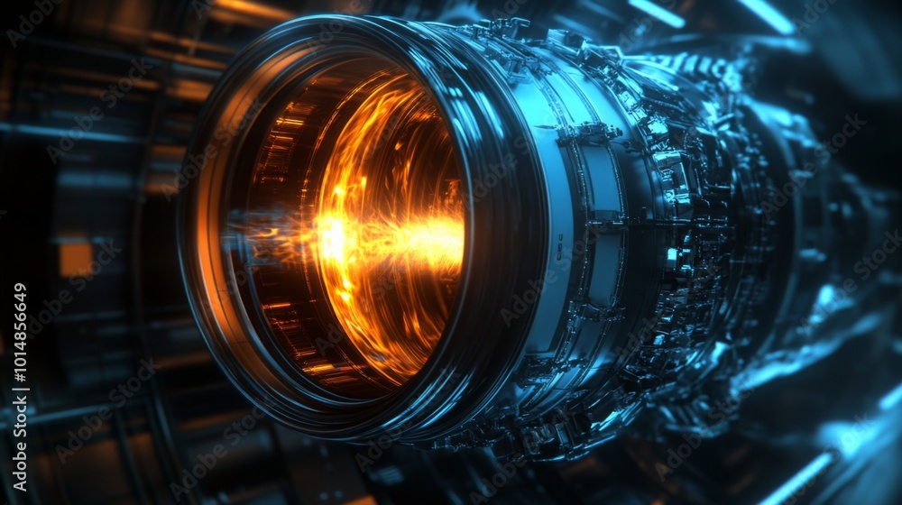 Poster A close-up view reveals the intricate design of a propulsion engine with a glowing energy core, showcasing advanced technology and vibrant colors amidst a high-tech environment.