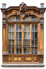 Fototapeta premium A traditional wooden window featuring an old-fashioned clock