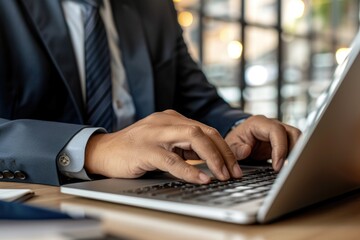 A businessman typing away on his laptop in a quiet office setting