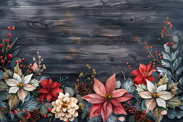 christmas flowers on rustic wooden ground, space for text, christmas background, christmas card template