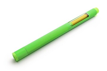 A green pen placed on a white surface, ready for use