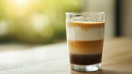 Layered Coffee Drink in Glass on Wooden Table
