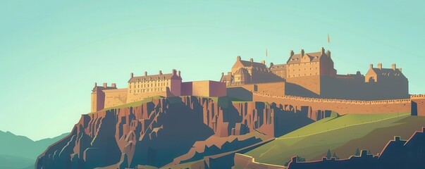 Obraz premium Edinburgh Castle in Scotland, flat design, side view, medieval history theme, animation, vivid