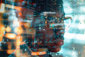 A person wearing glasses stares intently at a computer screen, possibly working or browsing