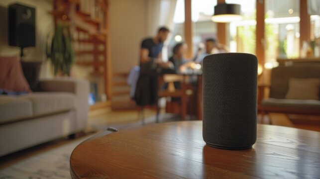 A smart speaker sits atop a wooden table, ready for use