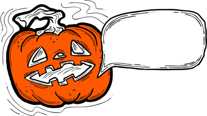 Happy Halloween pumpkin monster with speech bubble. Decorative template for night party invitation, poster print, quotes background. Hand drawn illustration, comic style, cartoon vector character.