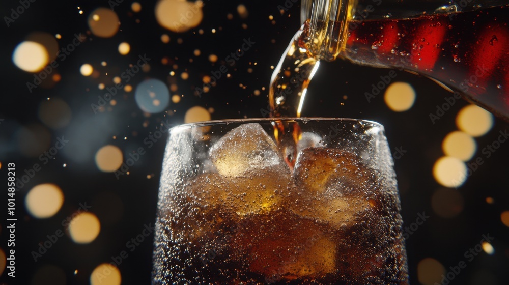 Poster close-up of a bottle pouring refreshing coke into a glass filled with ice cubes, creating bubbles an