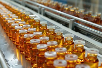 Conveyor belt carrying many bottles of liquid