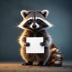 raccoon with a white sign