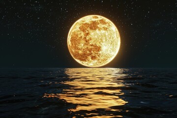 A serene scene of a full moon rising above the calm ocean waters on a quiet night