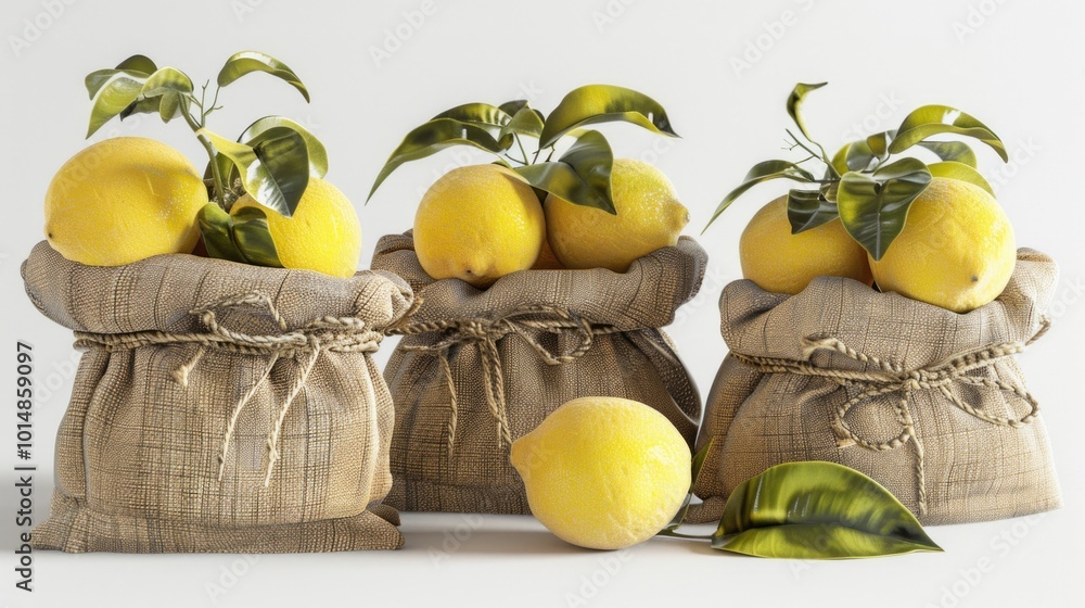 Canvas Prints A picture of three bags filled with lemons and leaves