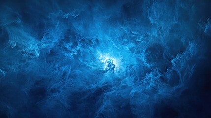 Fototapeta premium Abstract blue swirling clouds with a bright light in the center.