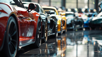 New cars in the showroom show waiting for sale to customer close up