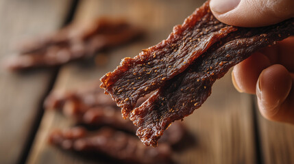 Hand Holding Seasoned Beef Jerky Strips on Wooden Surface