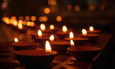 Ornate golden diya lamp, glowing candles