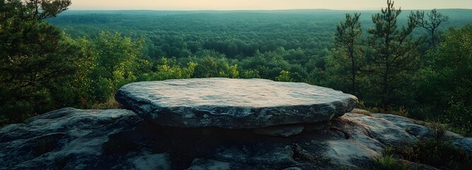 1. A flat small stone podium positioned on a rugged rock platform, set against a backdrop of a lush green forest and a serene blue horizon, illuminated by soft daily light, ideal for product display