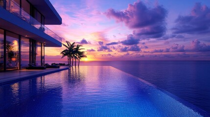 A stunning sunset view from a luxurious infinity pool overlooking the ocean, creating a serene and tranquil atmosphere.