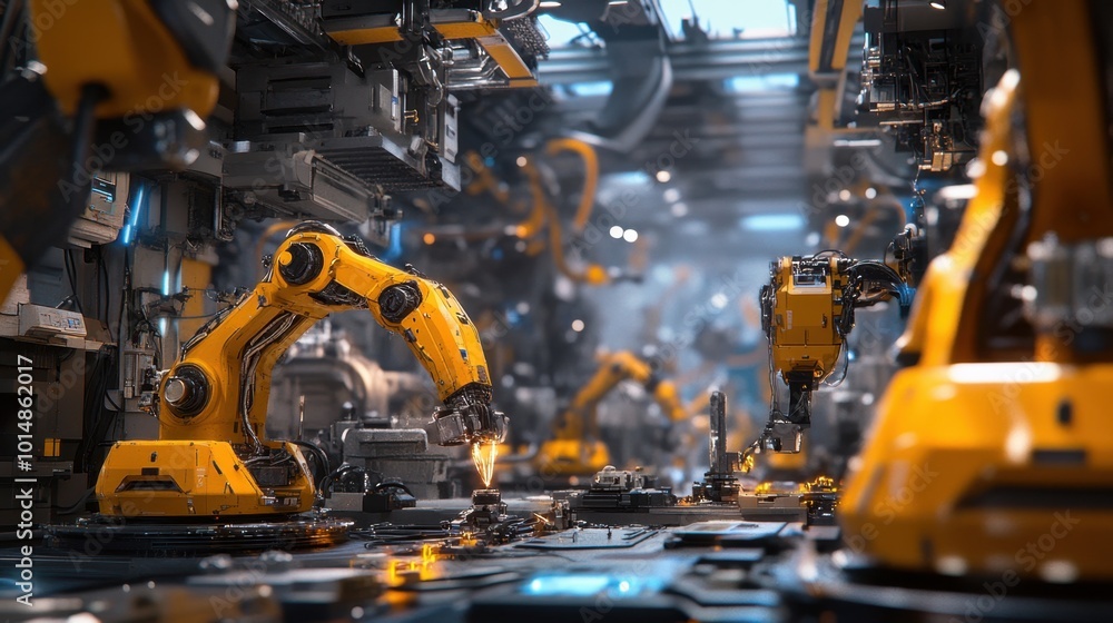 Poster engineer controlling welding robots in a smart automotive factory, using software tools to ensure ac