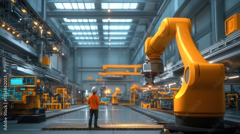 Poster engineer controlling welding robots in a smart automotive factory, using software tools to ensure ac