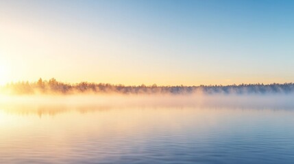 Fototapeta premium Tranquil Lakeside Sunrise: Serene Landscape Bathed in Golden Hues