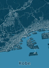 A detailed map of Kobe, Japan, rendered in a minimalist style. The map features a deep blue background with white lines representing roads and waterways.
