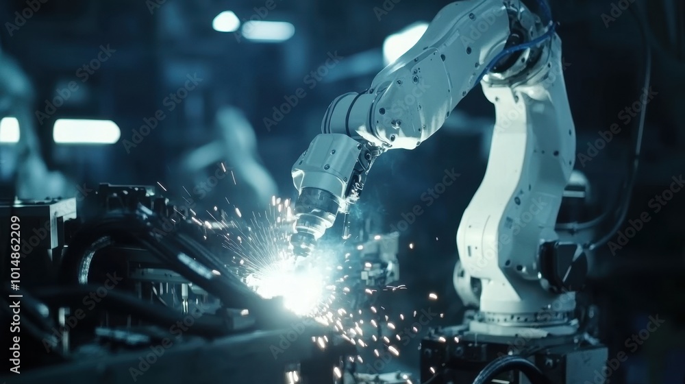 Poster engineer overseeing a robotic welding arm in an automated factory, monitoring through industrial sof