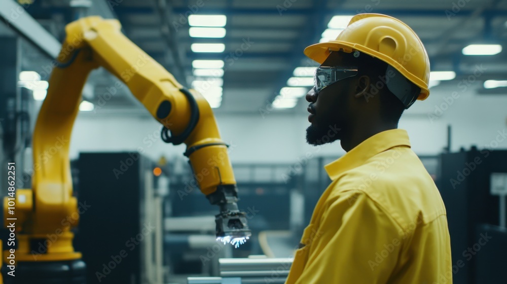 Poster engineer overseeing a robotic welding arm in an automated factory, monitoring through industrial sof