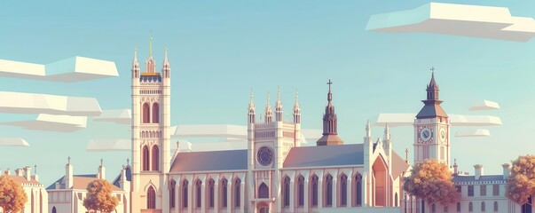 Obraz premium Westminster Abbey in London, England, flat design, side view, religious landmarks theme, 3D render, colored pastel