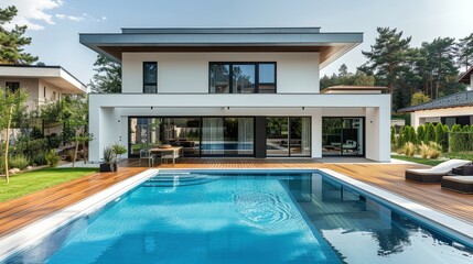 Modern minimalist house featuring a pool and wooden deck, with white walls and a light blue roof, showcasing an interior view of a living room and outdoor dining area