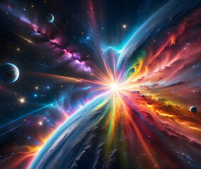 Obraz premium Photorealistic rendering of a starburst galaxy, capturing the vivid colors and textures of the spacescape.