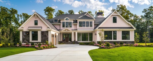 Home design with soft pink accents in traditional style, dark quartz and hemlock details, ample windows, cream roofline trim, a concrete driveway, and a flourishing lawn