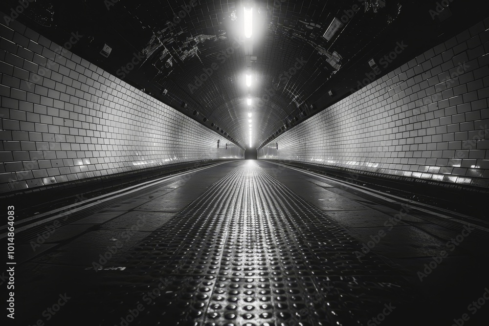 Poster low angle perspective of a subway tunnel showcasing its depth and architectural features
