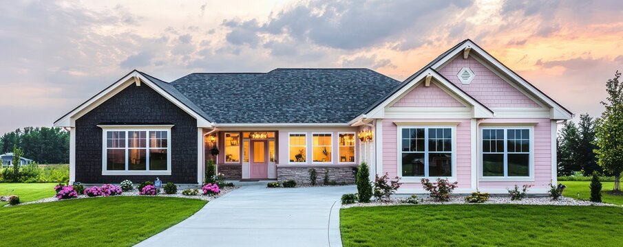 Home design with soft pink accents in traditional style, dark quartz and hemlock details, ample windows, cream roofline trim, a concrete driveway, and a flourishing lawn