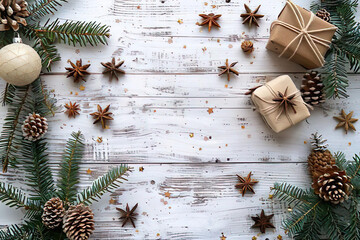 a frame made with fir tree branches and decorations ona warm brown wooden ground, space for text