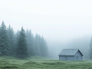 Fototapeta premium Escape to serene mountain retreats surrounded by a misty forest, brought to life in stunning 3D visuals that capture the essence of tranquility and adventure.