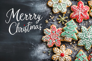 christmas cookies with christmas greetings on dark ground, christmas background, christmas invitation, christmas card