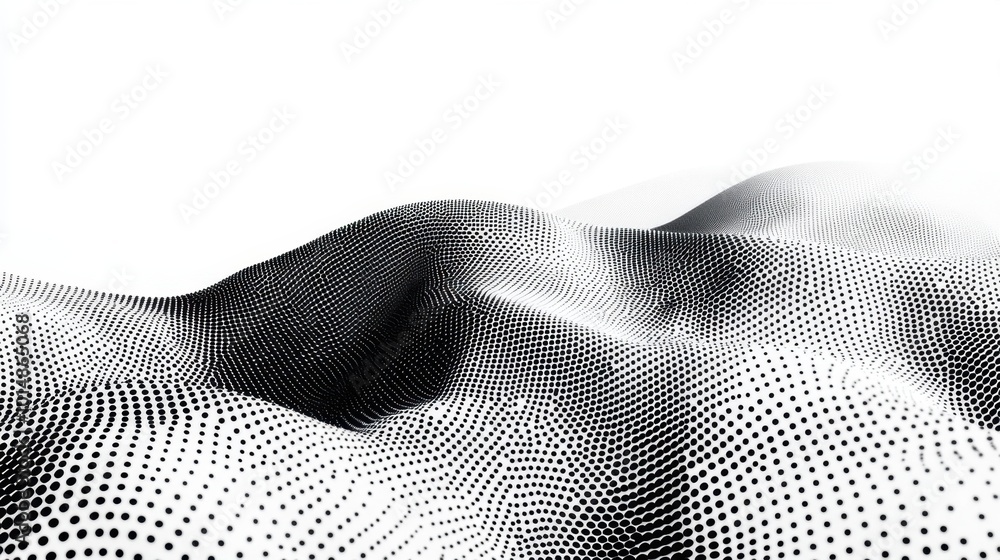Poster halftone gradient with a wave of flowing dots, smoothly curving and creating a dynamic motion, isola