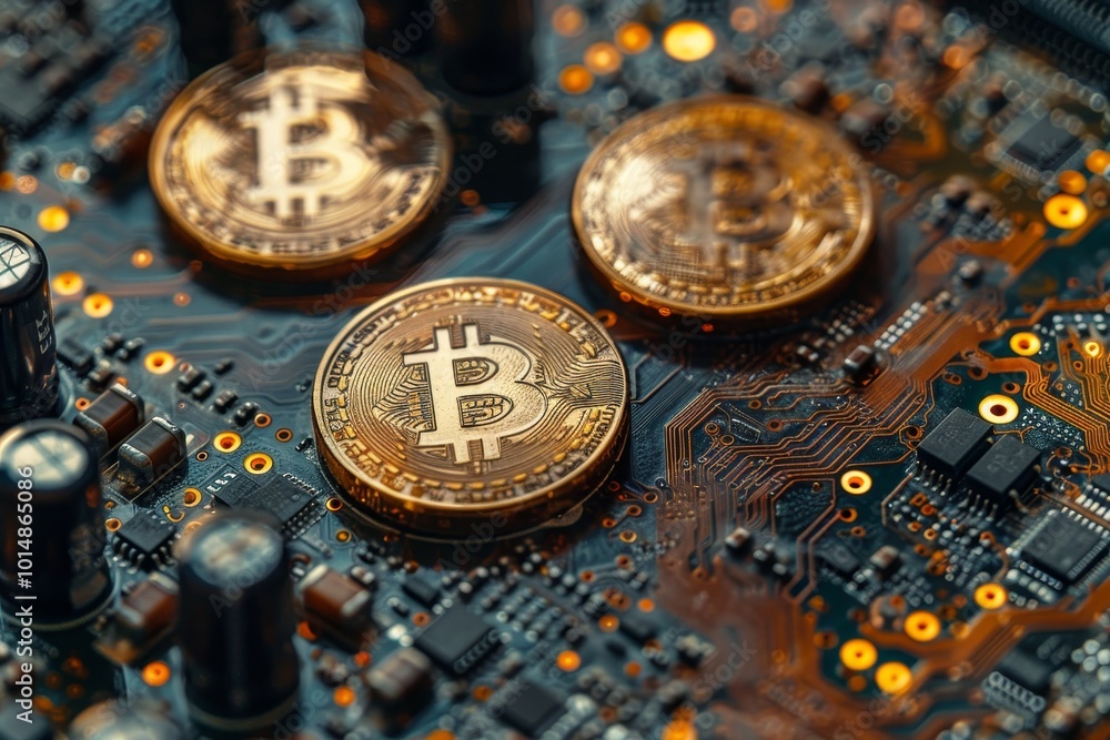 Poster bitcoin golden coins representing the future of money on a computer circuit board