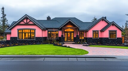 Naklejka premium Home exterior design in coral pink accents, with traditional style, featuring black volcanic rock and fir details, sweeping windows, eggshell roof trim, a brick driveway, and rich green grass