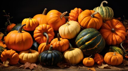 harvest of pumpkins arranged in a colorful pile. fall and thanksgiving theme