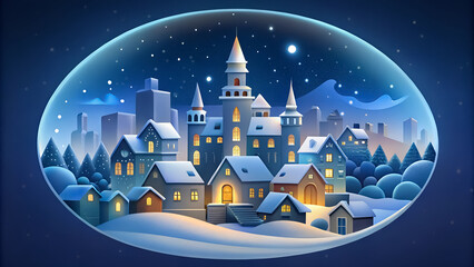 Fototapeta premium Seasonal winter card with night city. City landscape with houses, streets and trees in frosty snow. Color design of cityscape in flat cartoon grunge style, sticker, icon illustration.