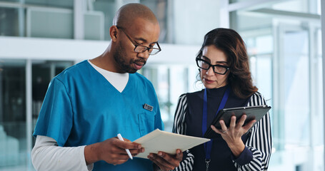 People, document and meeting in clinic for healthcare, innovation and feedback with tablet....